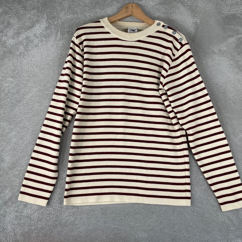 S.N.S. Herning Sweater Mens Medium Cream Burgundy Striped Wool Naval Denmark